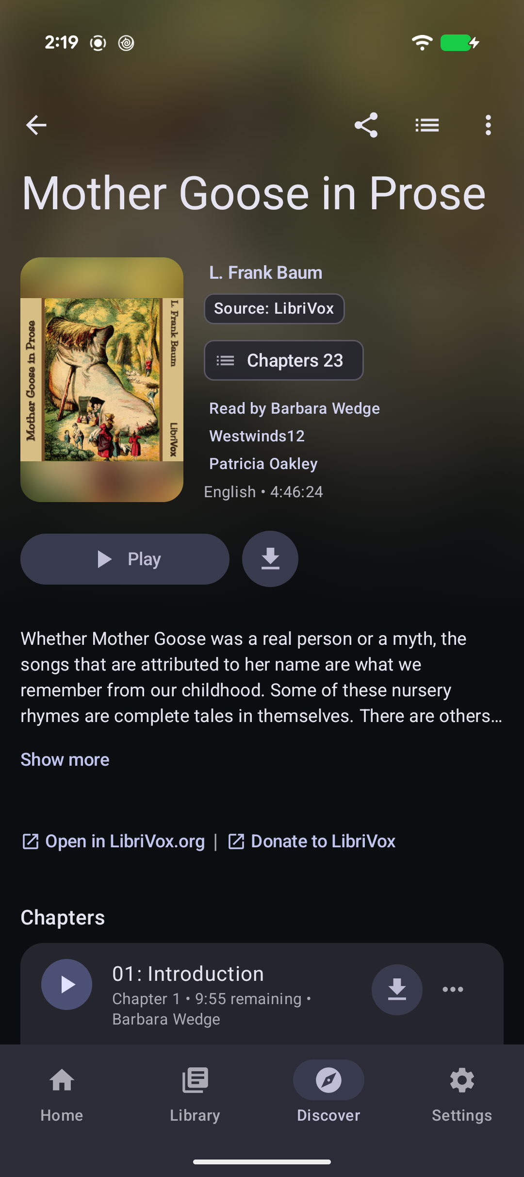 Book details screen in LibriVox Mobile