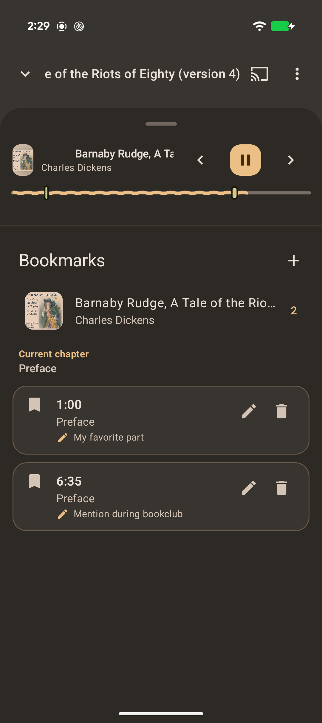Bookmarks and notes sheet in LibriVox Mobile