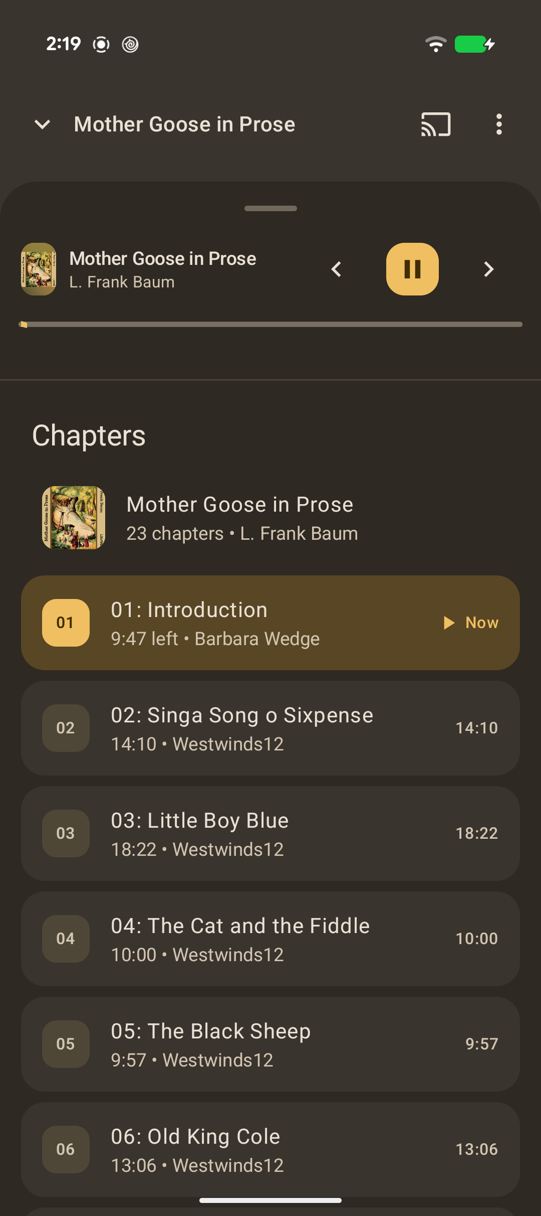 Chapter list screen in LibriVox Mobile