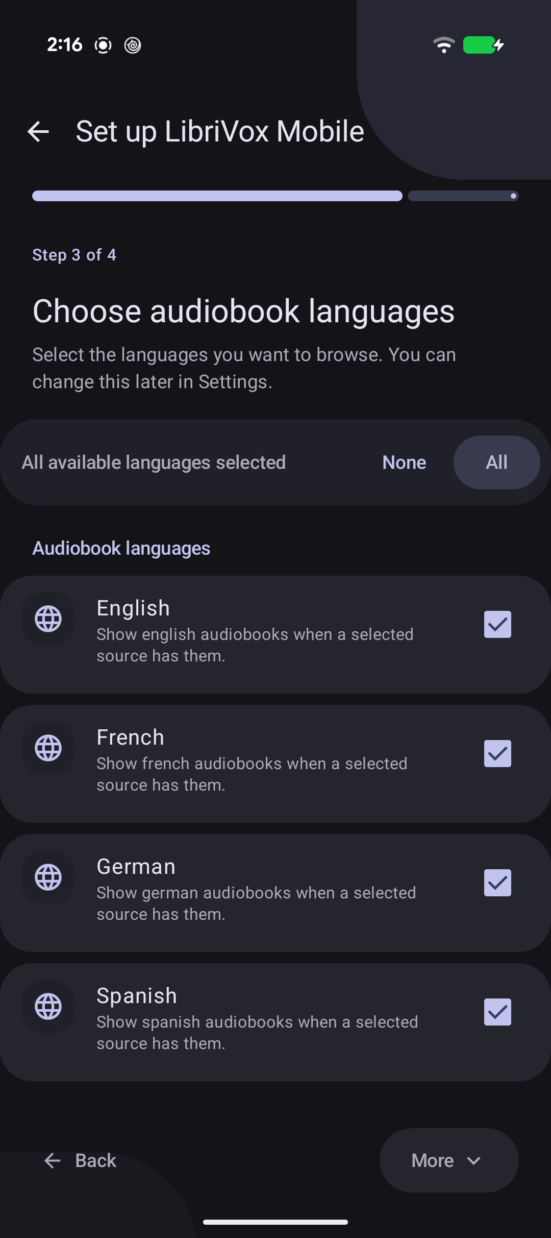 Audiobook language setup screen in LibriVox Mobile