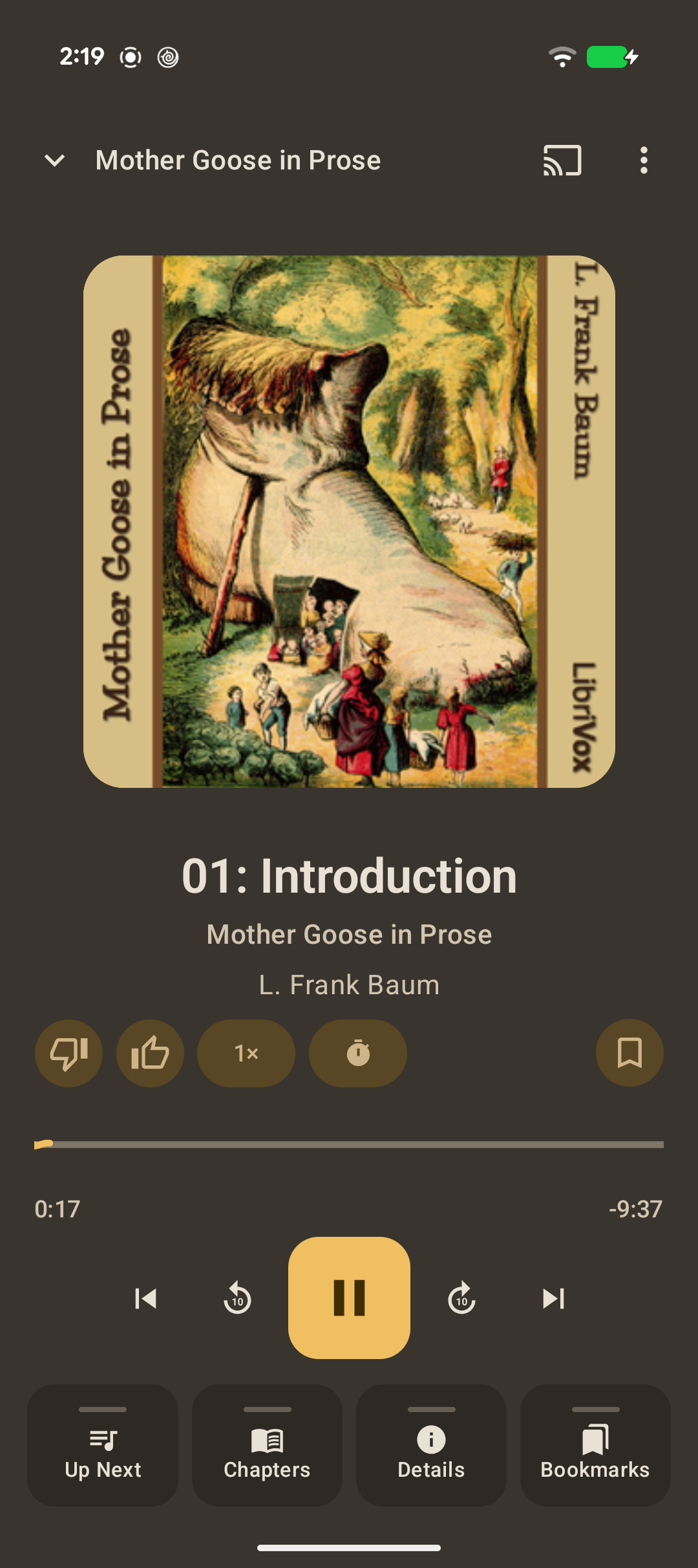 Now playing screen in LibriVox Mobile