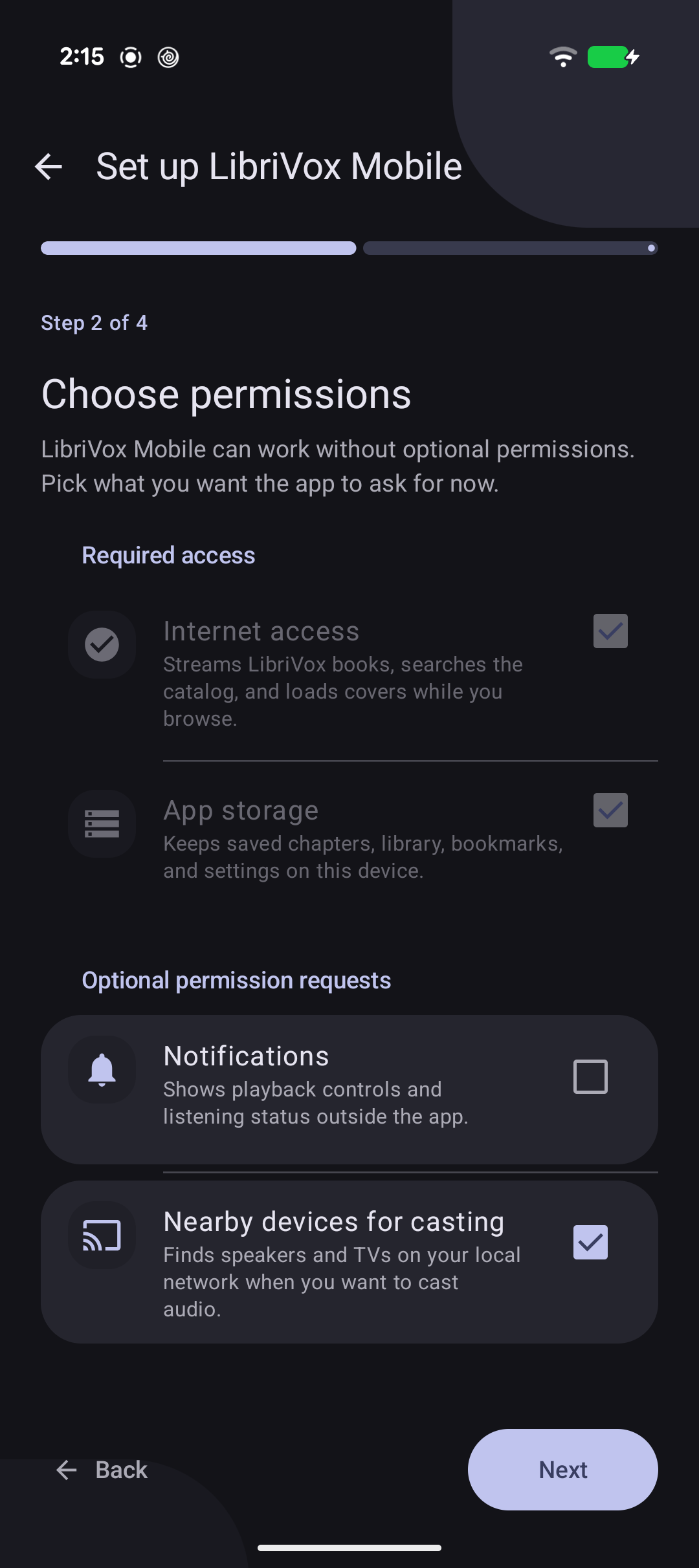 Permissions setup screen in LibriVox Mobile