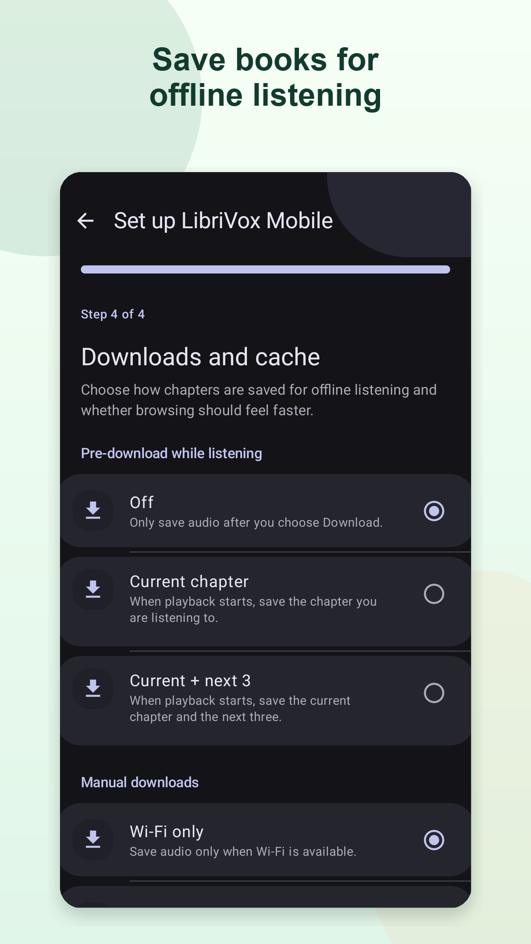 Offline listening screen in LibriVox Mobile