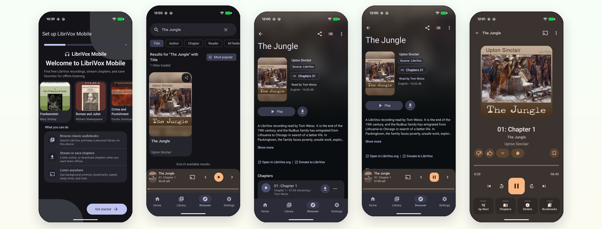 LibriVox Mobile app screens showing setup, search, book details, chapter playback, and the full player